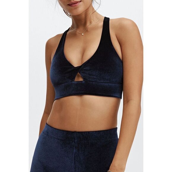 Fabletics Oasis Twist Velour Sports Bra In Deep Navy - Picture 1 of 10
